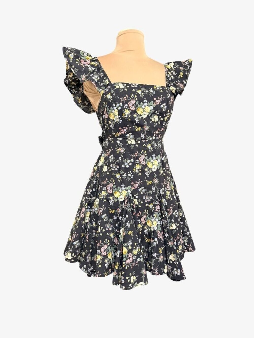 Mable Black Multi Floral Mini Dress S Ruffle Open Back Bow V Neck Boho